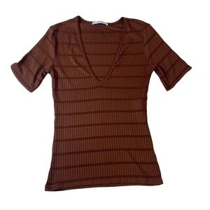 Zara Short-Sleeved Top Womens Size Small Brown Ribbed Knit V-Neck Casual Chic Mi